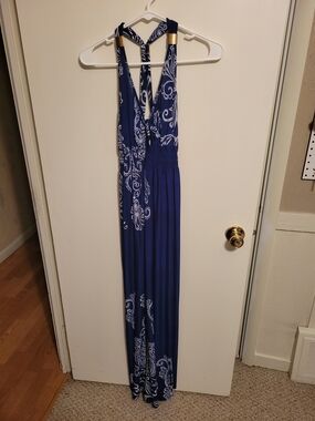 Maxi Halter Dress in Navy with White Print